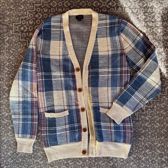 J. Crew Sweaters - J. Crew Red White and Blue Americana Plaid Cotton Cardigan XS